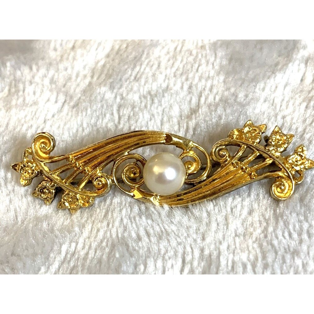 Vintage 12K GF Bar Brooch Faux Pearl Floral Scroll Mid Century Jewelry Pin